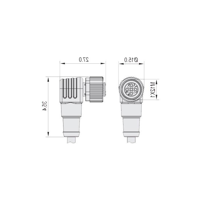 M12 5Pin、母头90°、单端预铸电缆、防焊渣PUR材质、橙色护套、64T543-XXX