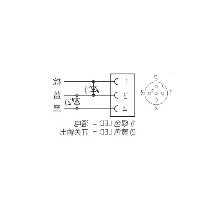 M12 3Pin、母头直型、带LED灯、单端预铸电缆、防焊渣PUR材质、黄色护套、64T031-XXX