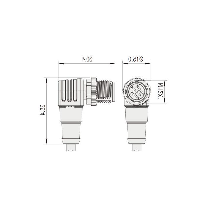 M12 4Pin、公头90°、单端预铸PUR柔性电缆、带屏蔽、黑色护套、64S525-XXX