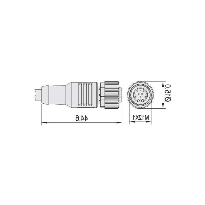 M12 12Pin、母头直型、单端预铸PUR柔性电缆、带屏蔽、黑色护套、64S383-XXX