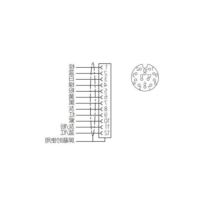 M12 12Pin、母头直型、单端预铸PUR柔性电缆、带屏蔽、黑色护套、64S383-XXX